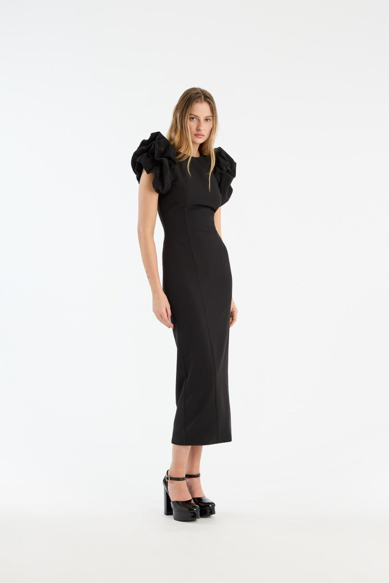 Crepe puffy midi dress