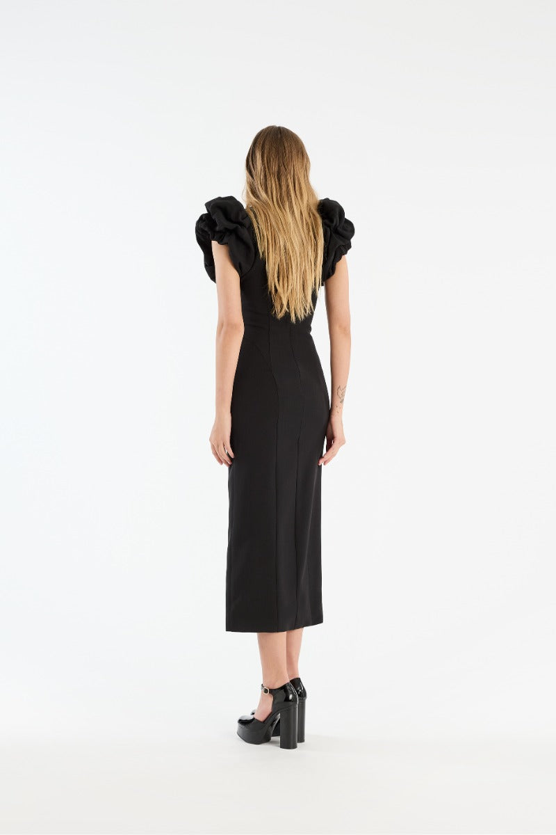 Crepe puffy midi dress