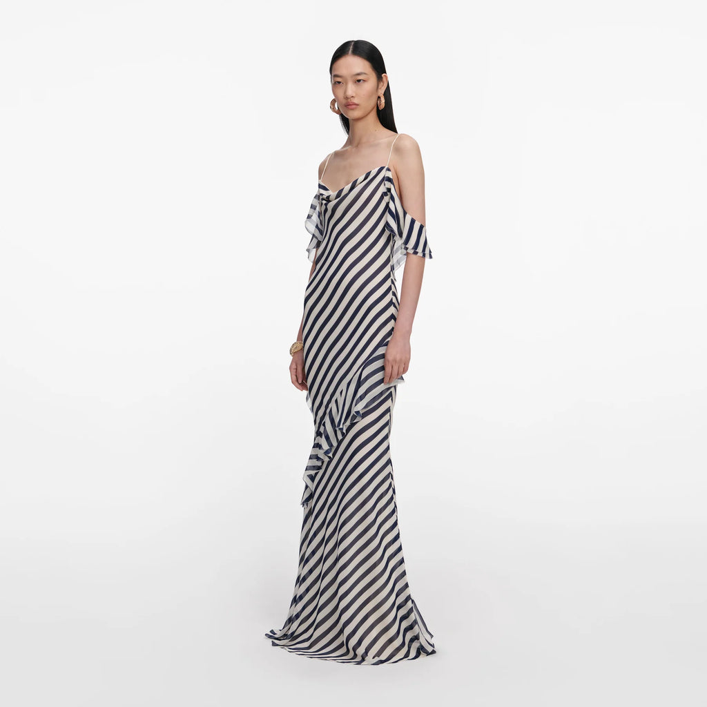 Navy Stripe Georgette Vestido — Georgette Rayas Marino Manga Larga Midi | Self-Portrait