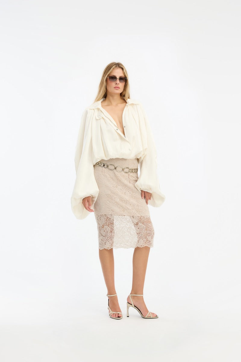 Lace Midi Pencil Falda — Encaje Midi Corte Lápiz Tiro Alto | Rotate