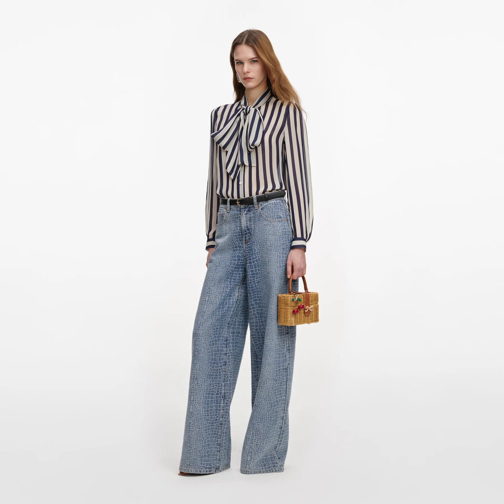 Navy Stripe Tie Neck Camisa — Georgette Rayas Marino Lazo Cuello Manga Larga | Self-Portrait