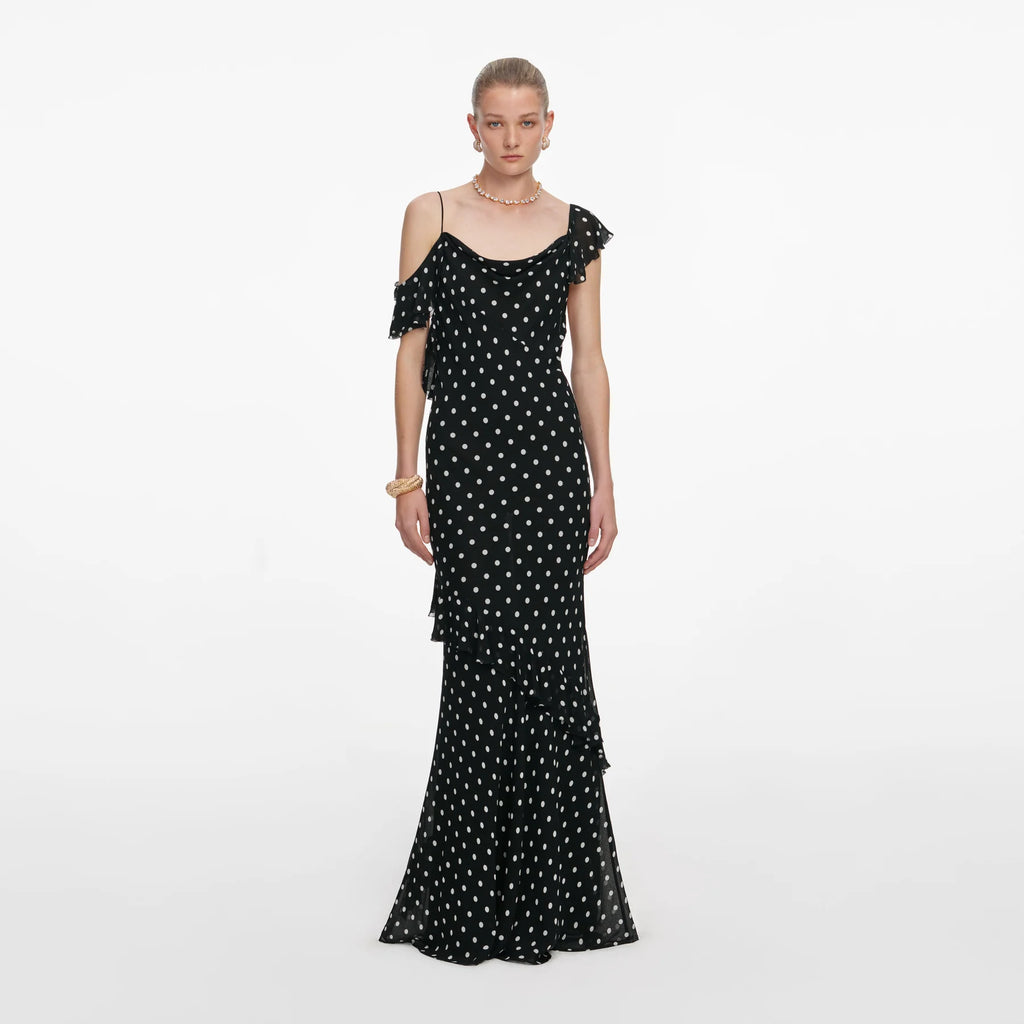 Black Polka Dot Vestido — Georgette Lunares Negros Manga Larga Midi | Self-Portrait