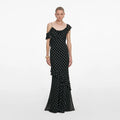 Black Polka Dot Vestido — Georgette Lunares Negros Manga Larga Midi | Self-Portrait