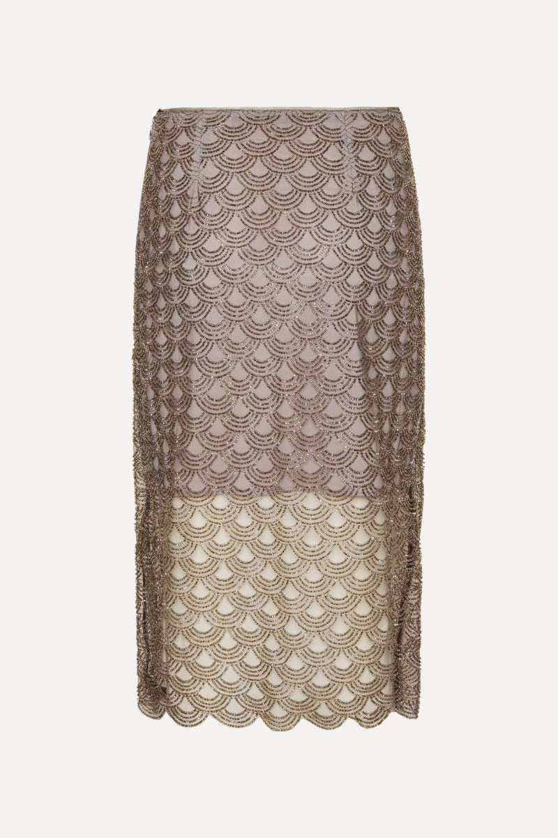 Scallop Sequin Midi Falda — Lentejuelas Festoneadas Midi Tiro Alto | Rotate