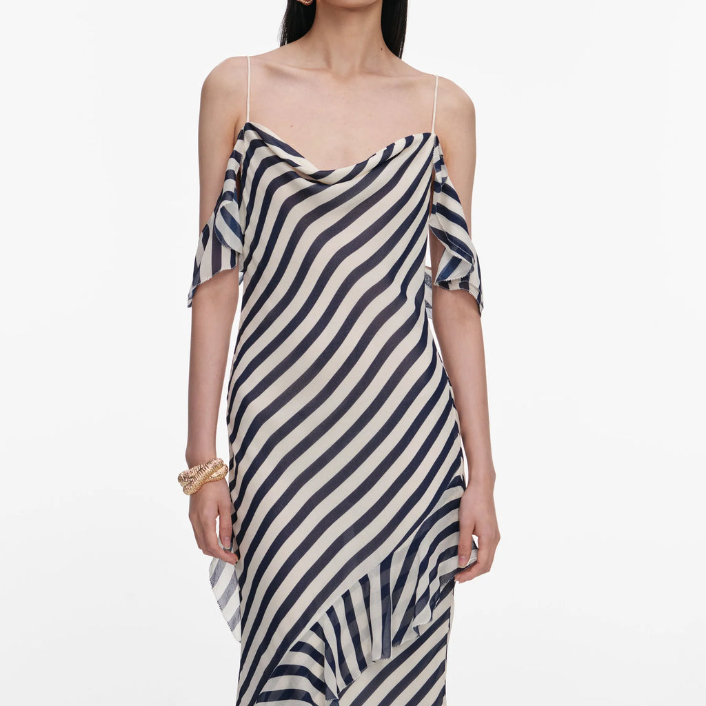 Navy Stripe Georgette Vestido — Georgette Rayas Marino Manga Larga Midi | Self-Portrait