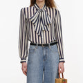 Navy Stripe Tie Neck Camisa — Georgette Rayas Marino Lazo Cuello Manga Larga | Self-Portrait