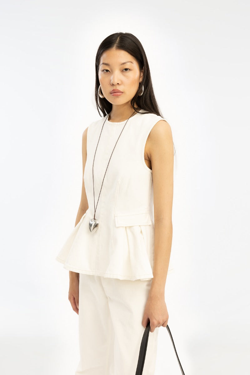 Peplum Denim Top — Chaleco Denim Peplum Botones Metálicos | Rotate