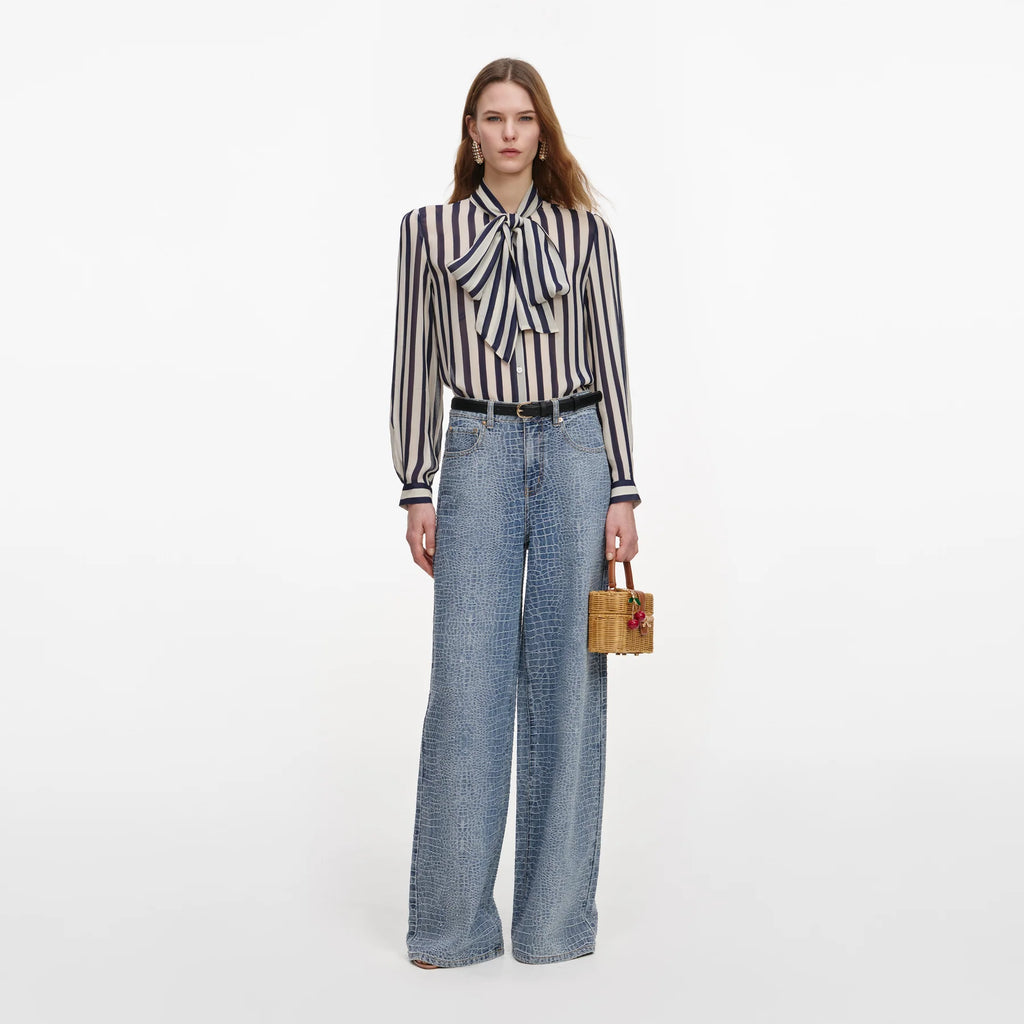 Navy Stripe Tie Neck Camisa — Georgette Rayas Marino Lazo Cuello Manga Larga | Self-Portrait