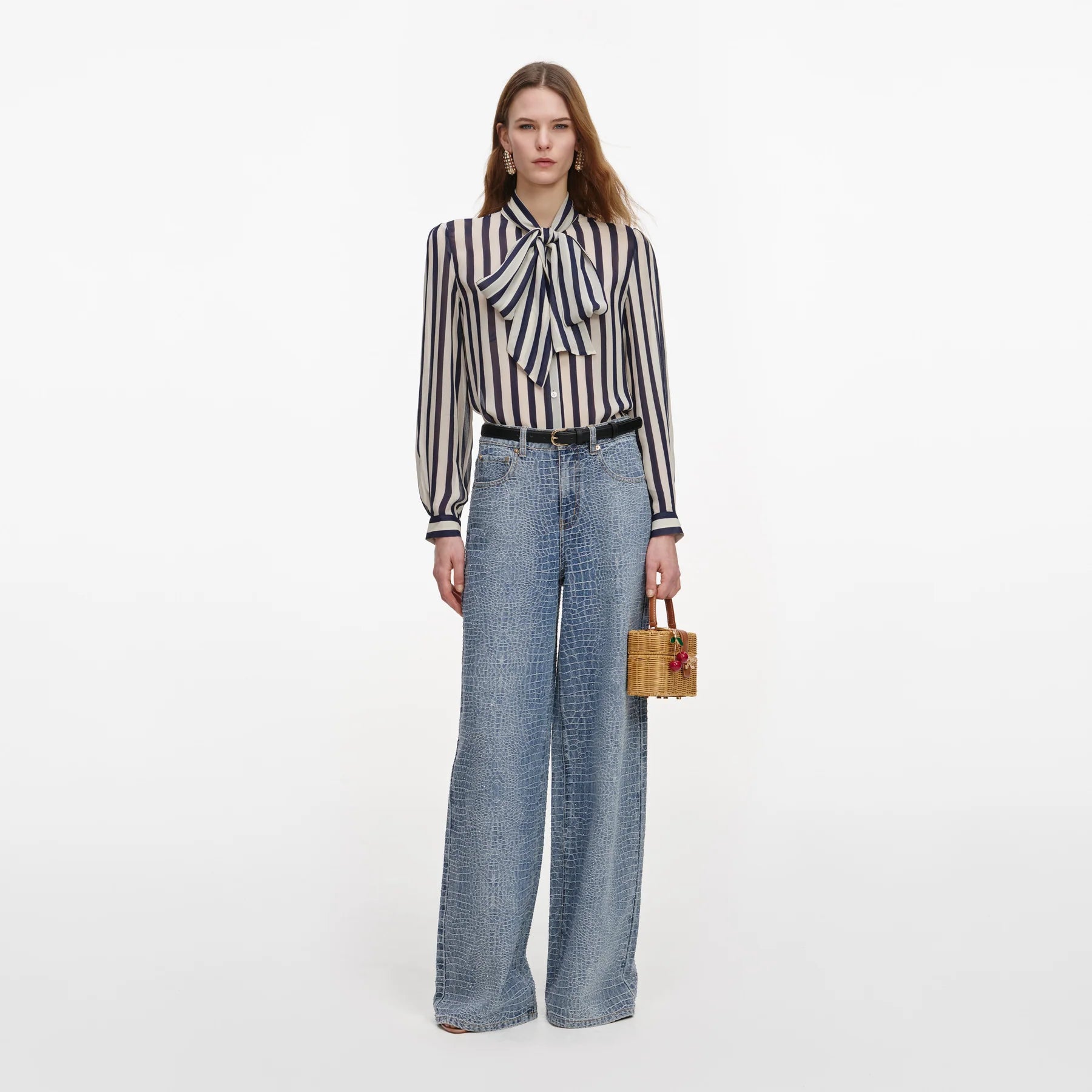 Navy Stripe Tie Neck Camisa