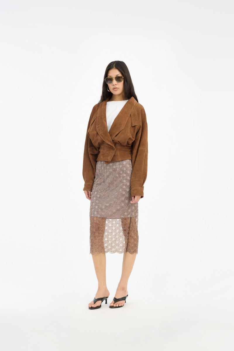 Scallop Sequin Midi Falda — Lentejuelas Festoneadas Midi Tiro Alto | Rotate