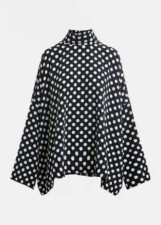 Joyetta Camisa Topos Blanco y Negro — Holgada Cuello Subido Manga Amplia | Essentiel