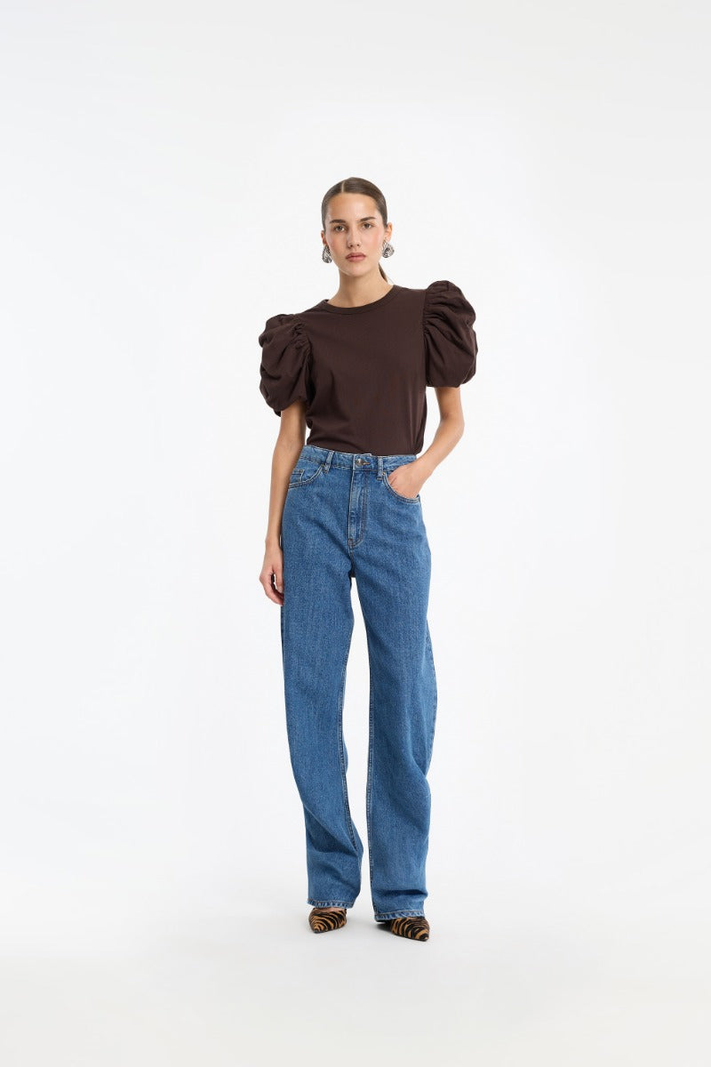 Draped barrel leg jeans.