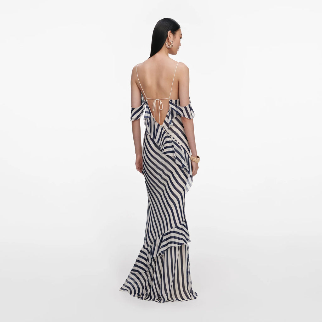 Navy Stripe Georgette Vestido — Georgette Rayas Marino Manga Larga Midi | Self-Portrait