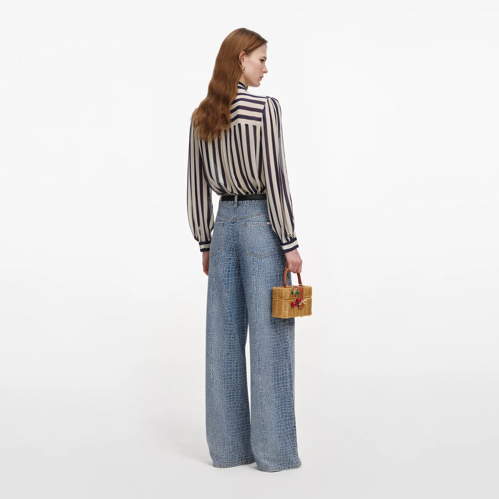 Navy Stripe Tie Neck Camisa — Georgette Rayas Marino Lazo Cuello Manga Larga | Self-Portrait