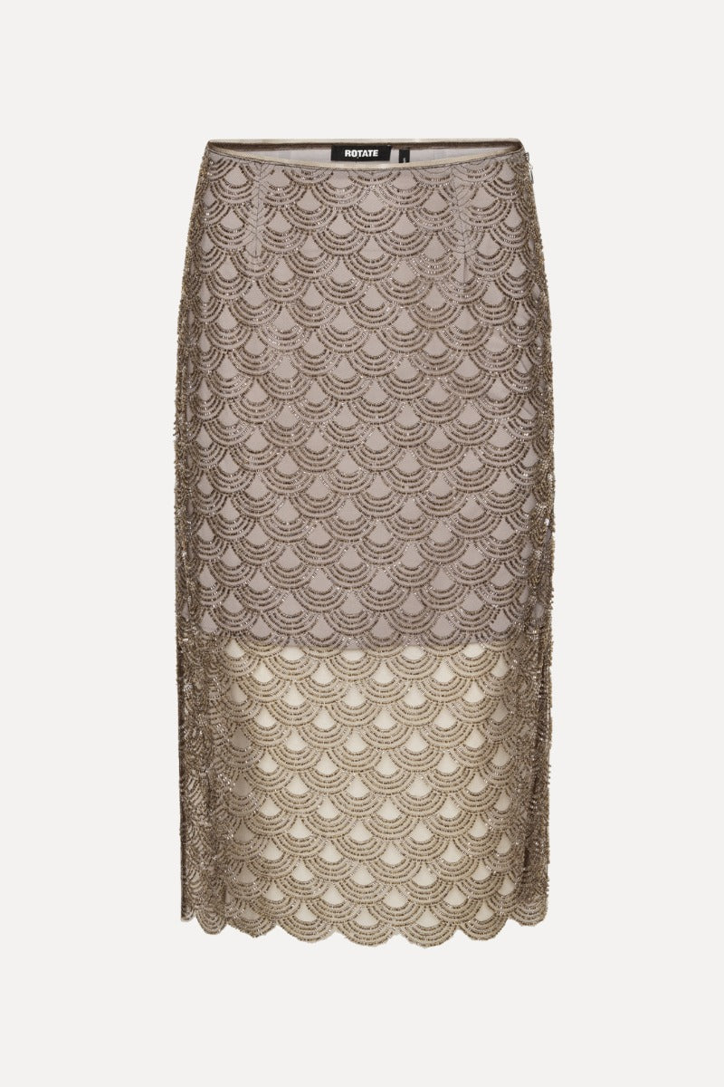 Scallop Sequin Midi Falda — Lentejuelas Festoneadas Midi Tiro Alto | Rotate