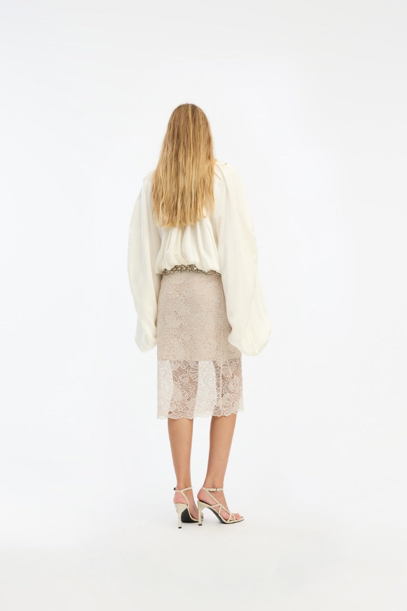 Lace Midi Pencil Falda — Encaje Midi Corte Lápiz Tiro Alto | Rotate
