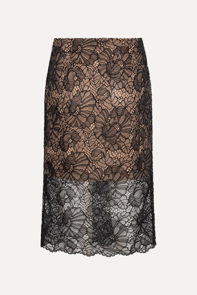 Lace midi pencil skirt.