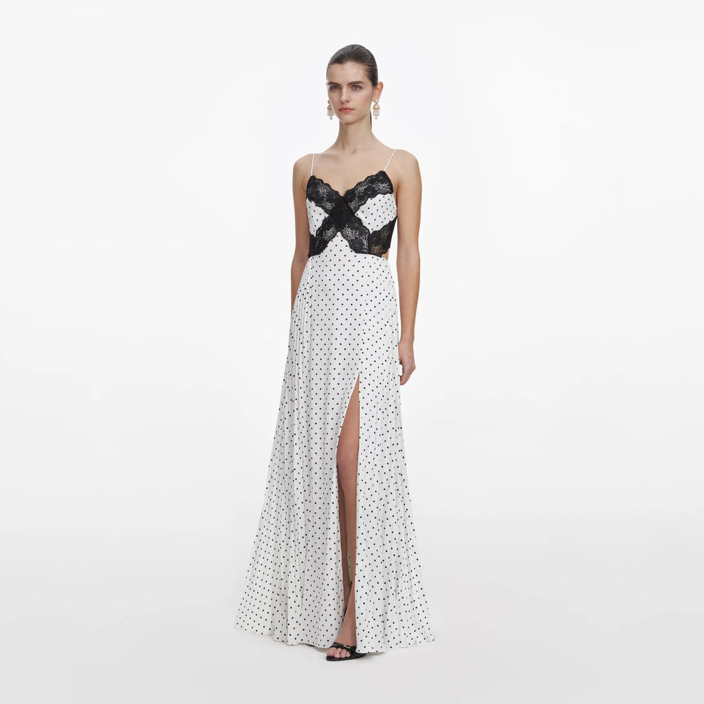 White Polka Dot Vestido — Georgette Lunares Blancos Manga Larga Midi | Self-Portrait