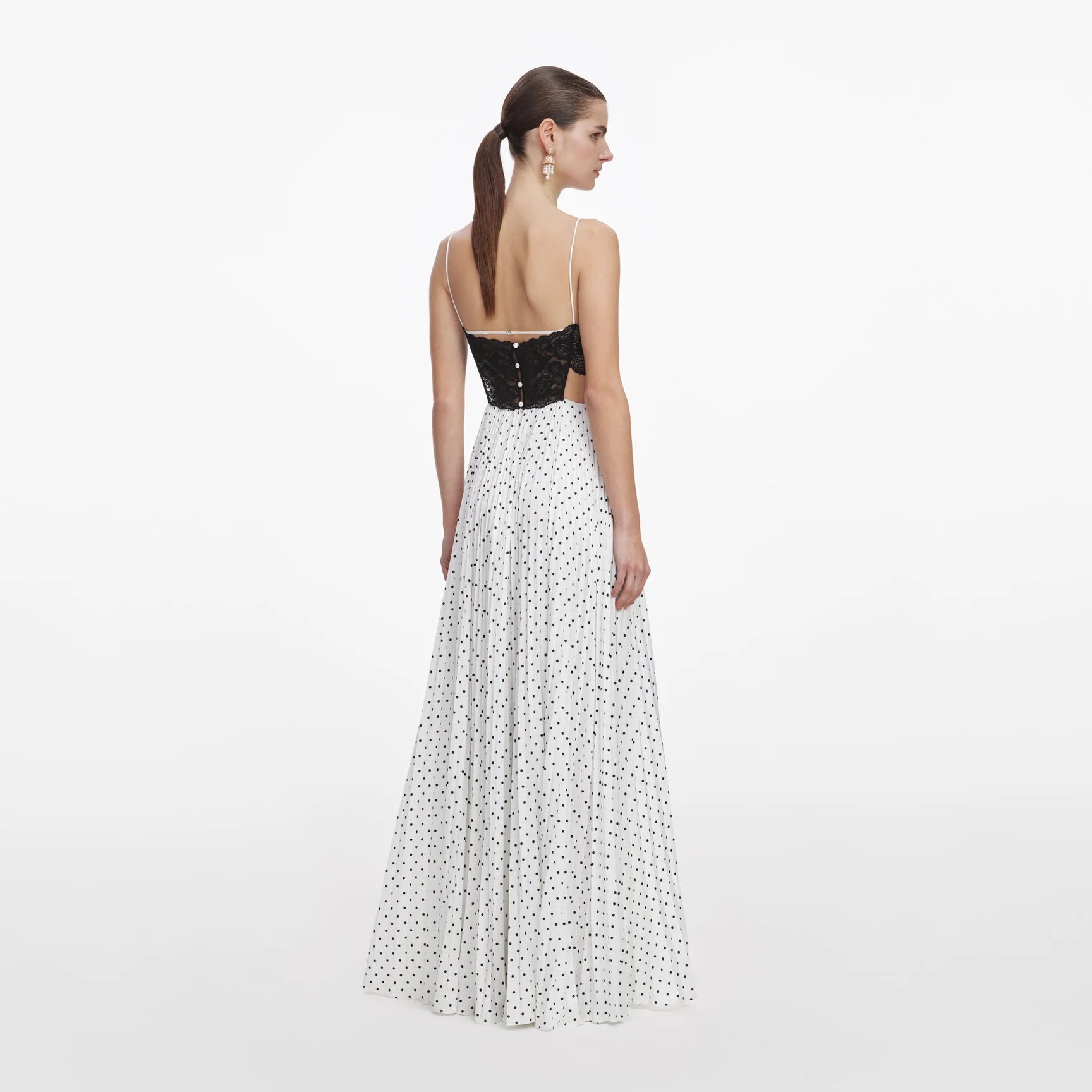 White Polka Dot Vestido — Georgette Lunares Blancos Manga Larga Midi | Self-Portrait