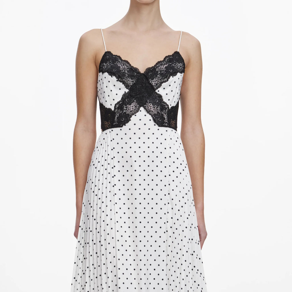 White Polka Dot Vestido — Georgette Lunares Blancos Manga Larga Midi | Self-Portrait