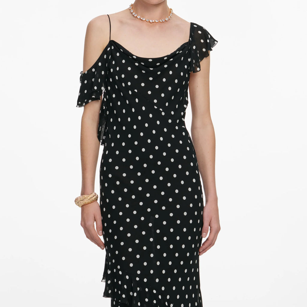 Black Polka Dot Vestido — Georgette Lunares Negros Manga Larga Midi | Self-Portrait