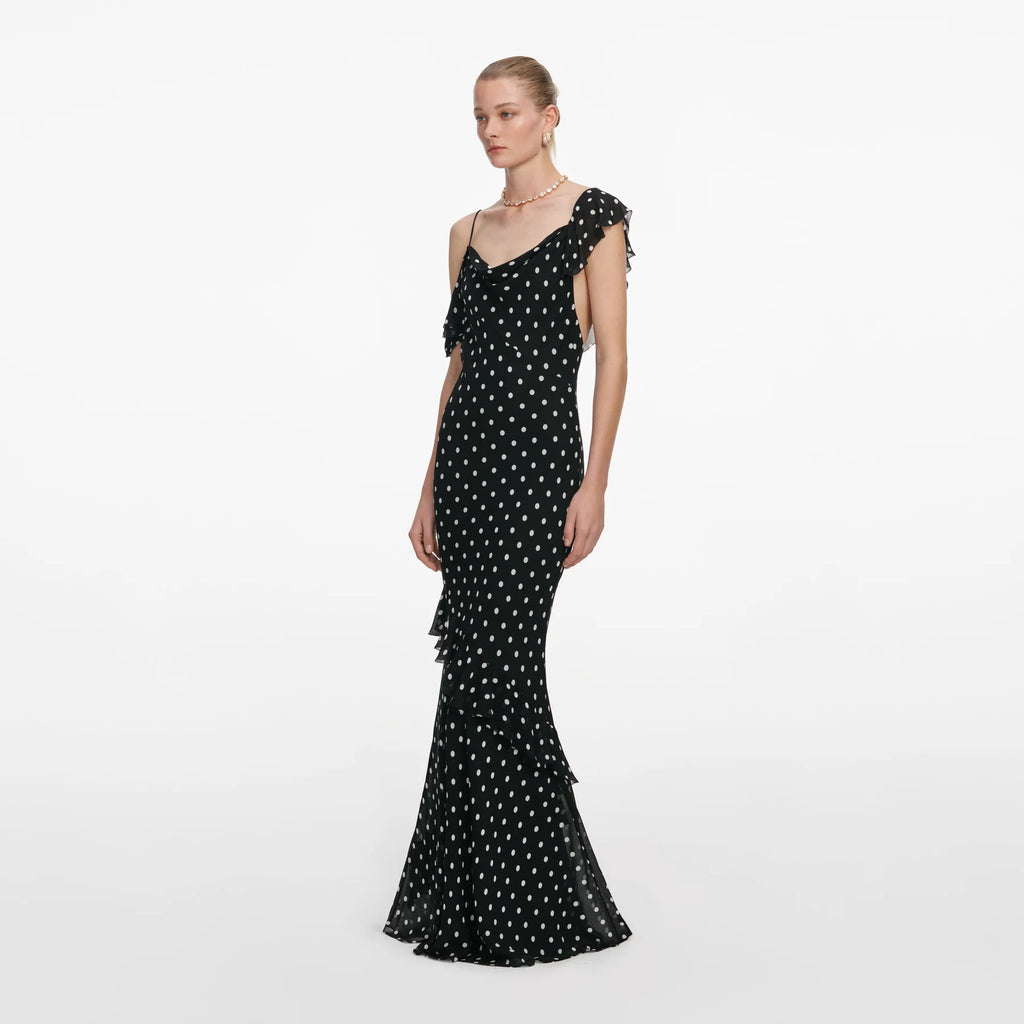 Black Polka Dot Vestido — Georgette Lunares Negros Manga Larga Midi | Self-Portrait