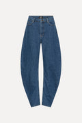 Draped barrel leg jeans.