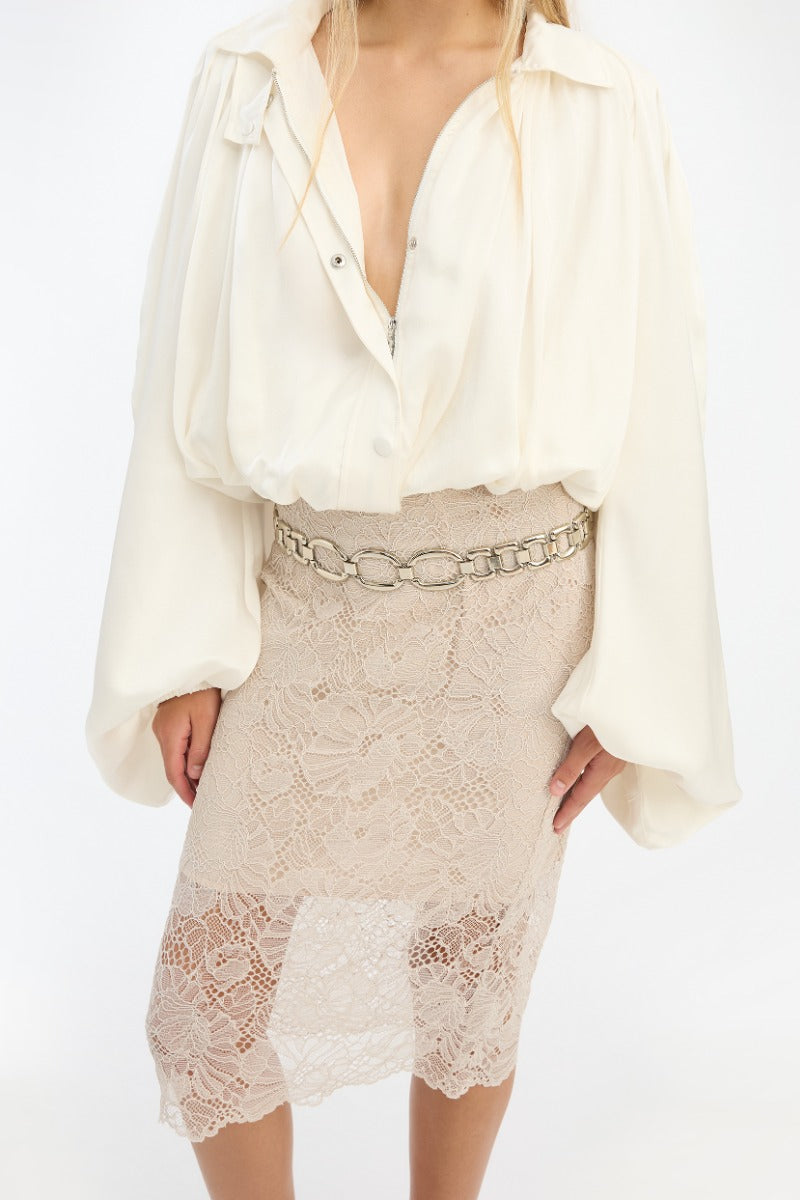 Lace Midi Pencil Falda — Encaje Midi Corte Lápiz Tiro Alto | Rotate