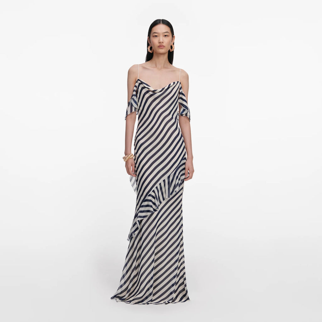 Navy Stripe Georgette Vestido — Georgette Rayas Marino Manga Larga Midi | Self-Portrait