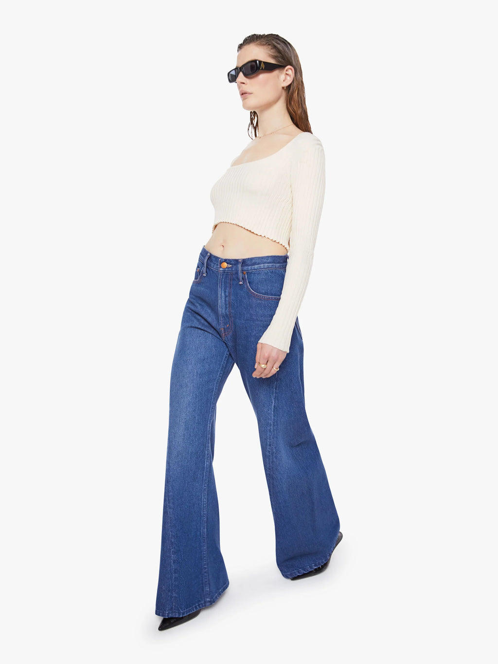 The Lemon Twist Sneak — Jean Tiro Alto Acampanado Delavado Amarillo | Mother
