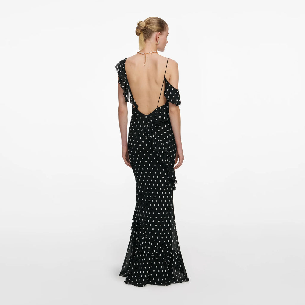 Black Polka Dot Vestido — Georgette Lunares Negros Manga Larga Midi | Self-Portrait