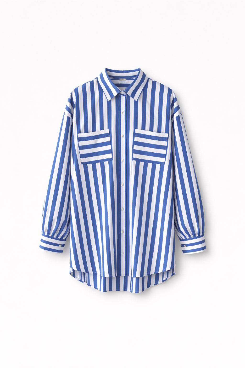 Camisa Rayas Doble Azul — Oversize Manga Globo Bolsillos | Tomates Fritos