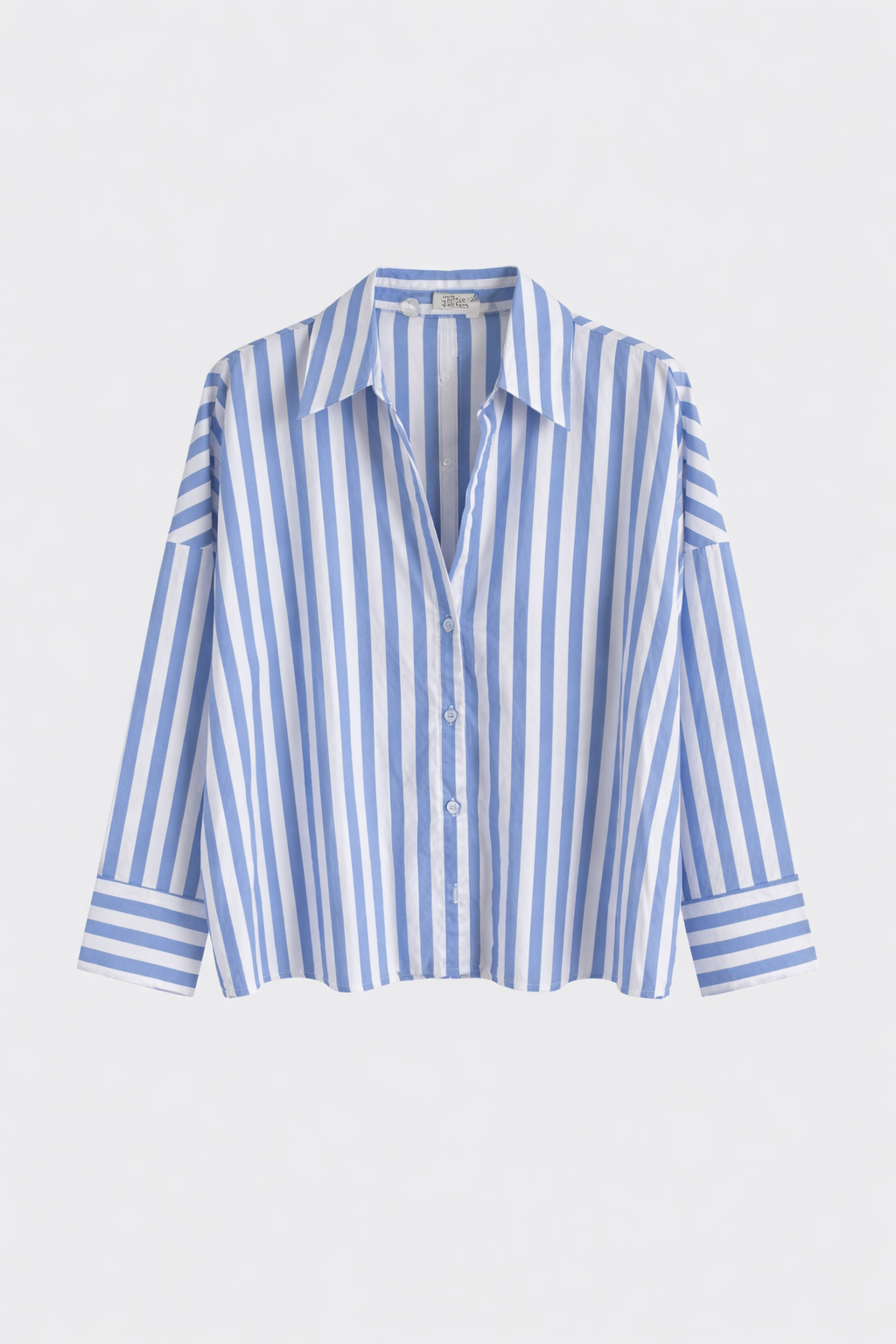 Camisa Rayas Corta Celeste — Manga Corta Cuello Clásico | Tomates Fritos