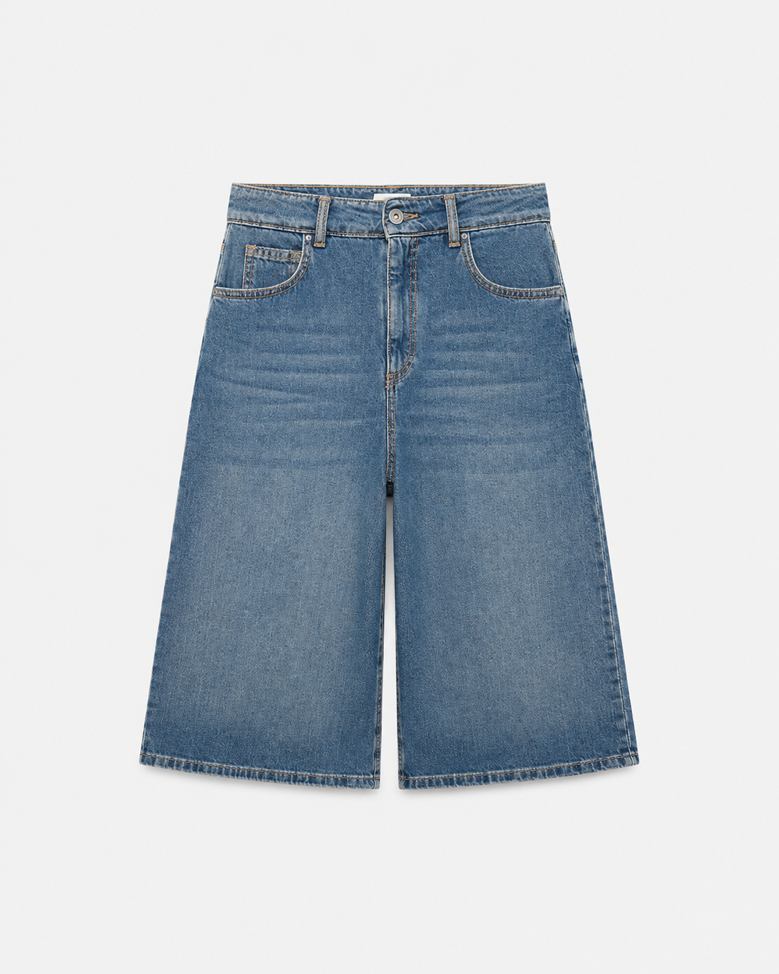 Bermuda Fico Denim — Corte Evasé Azul Delavado con 5 Bolsillos