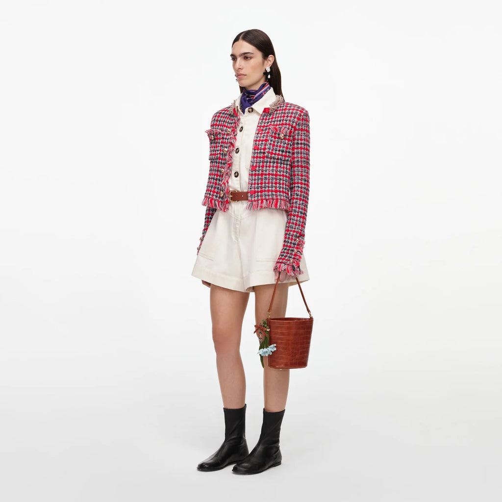 Red check jacket.