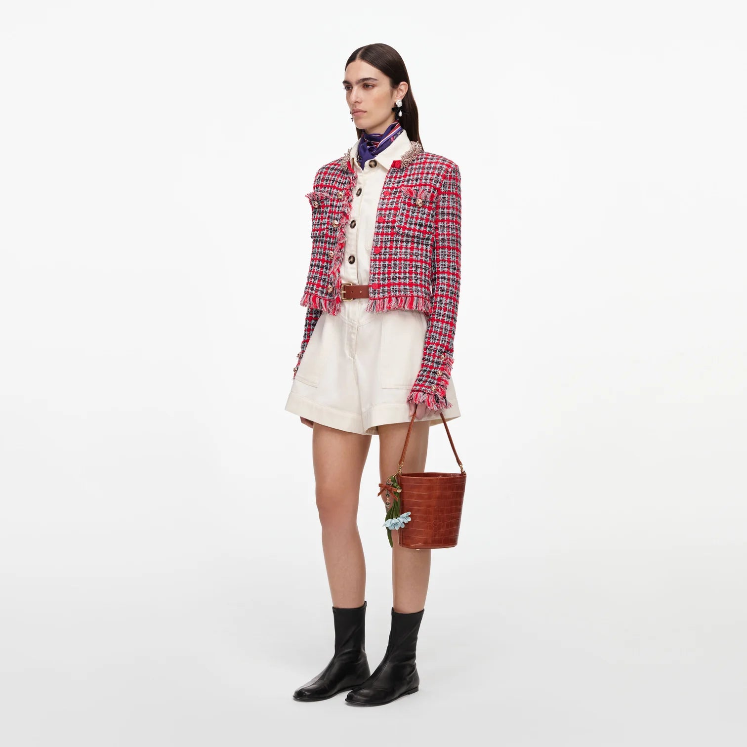 Red check jacket.
