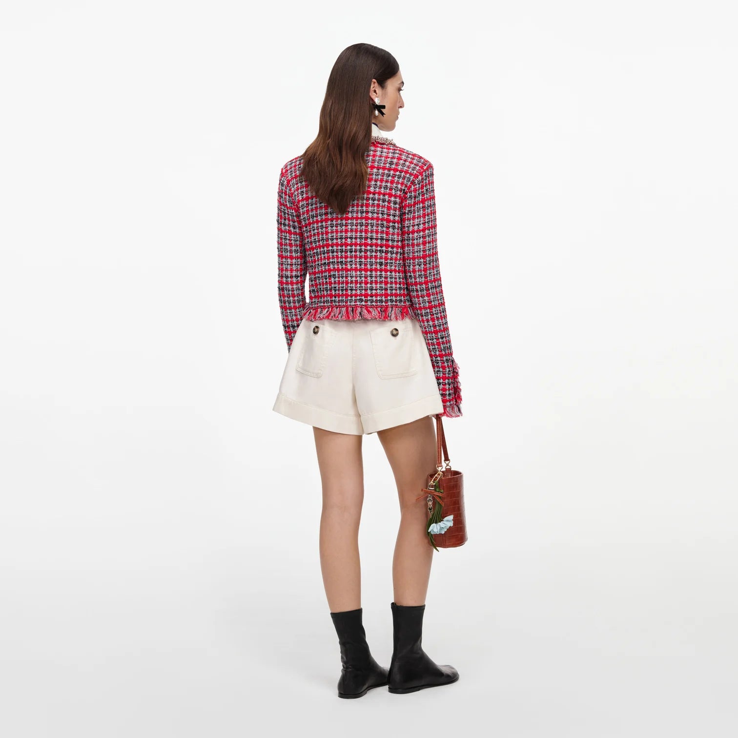 Red check jacket.