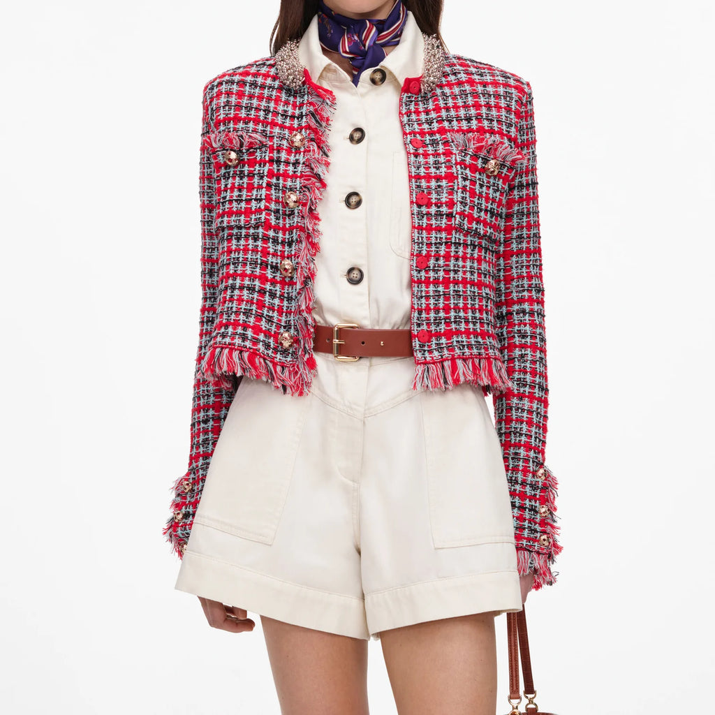Red check jacket.