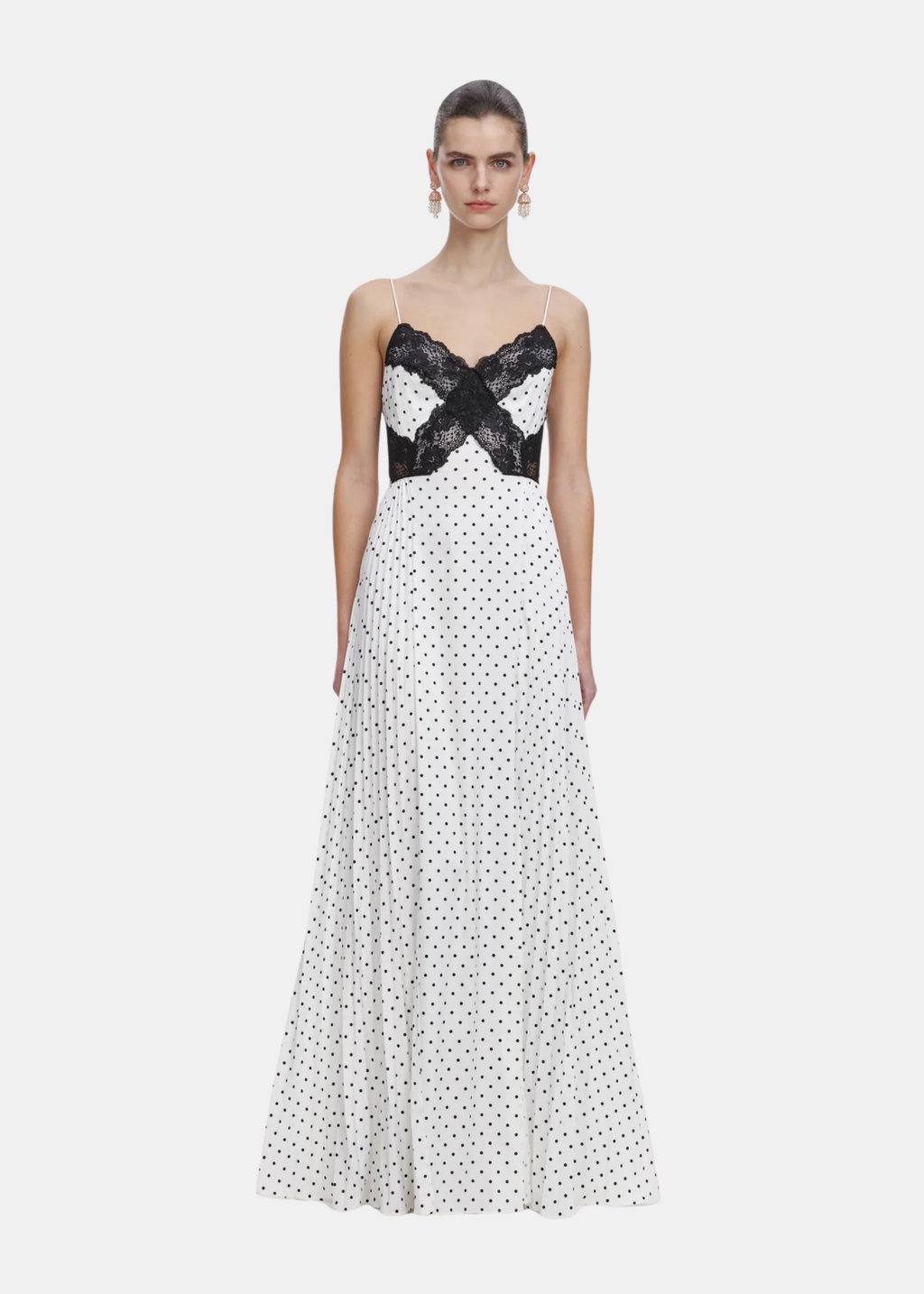White Polka Dot Vestido — Georgette Lunares Blancos Manga Larga Midi | Self-Portrait
