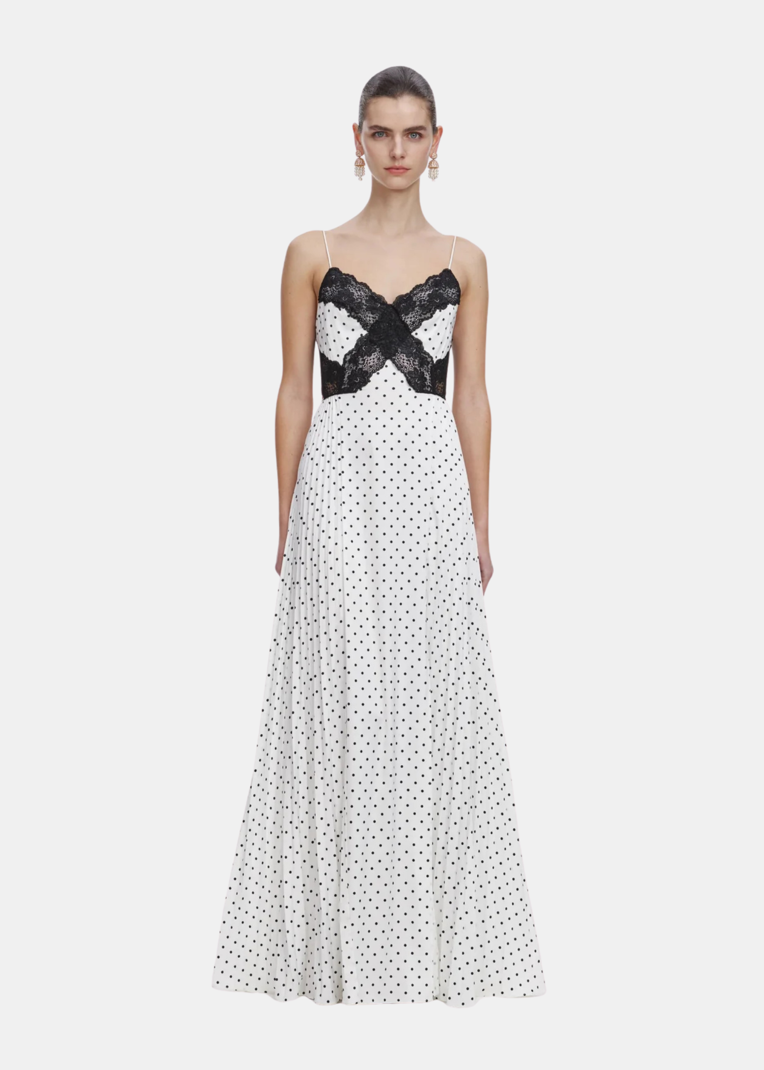 White Polka Dot Vestido — Georgette Lunares Blancos Manga Larga Midi | Self-Portrait