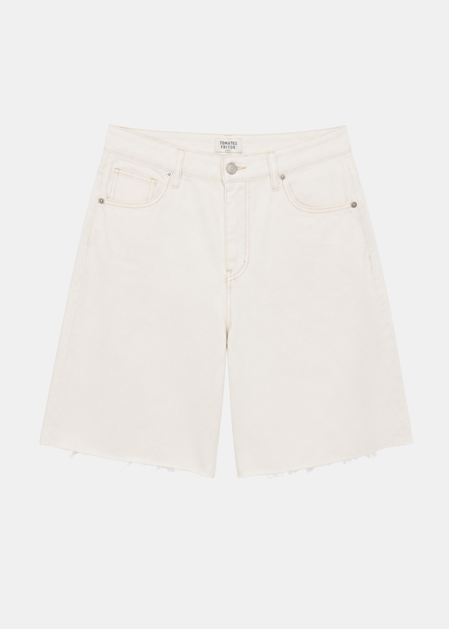 Bermuda Denim Blanco Pliegue Lateral — Tiro Alto Algodón Tendencia | Tomates Fritos