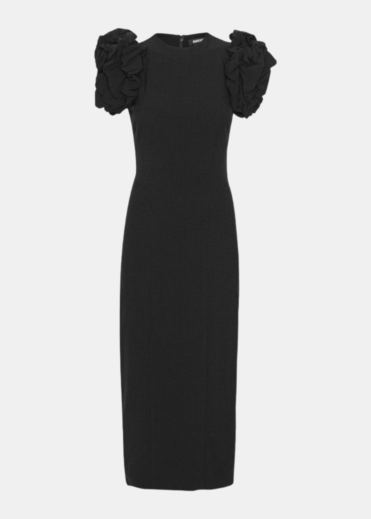 Crepe Puffy Midi Dress Negro — Mangas Abullonadas Silueta Entallada | Rotate