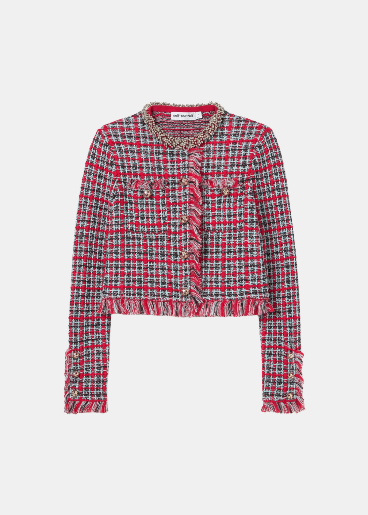 Red check jacket.