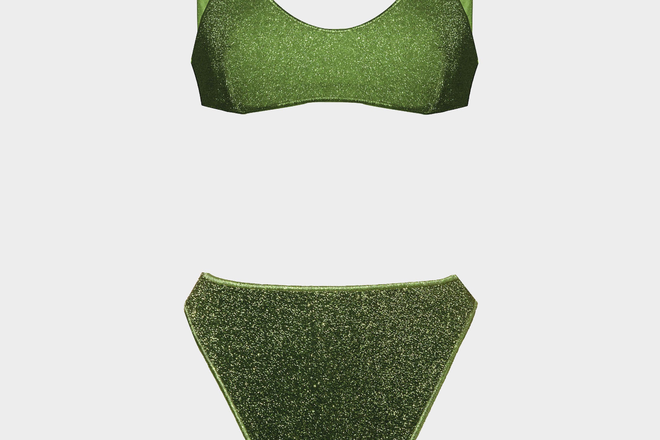 Bikini Lumiere de Oserée estilo 90´s en color verde con purpurina. Braguita talle alto y top sporty. Envíos gratuitos a partir de 200€. Devoluciones fáciles.
