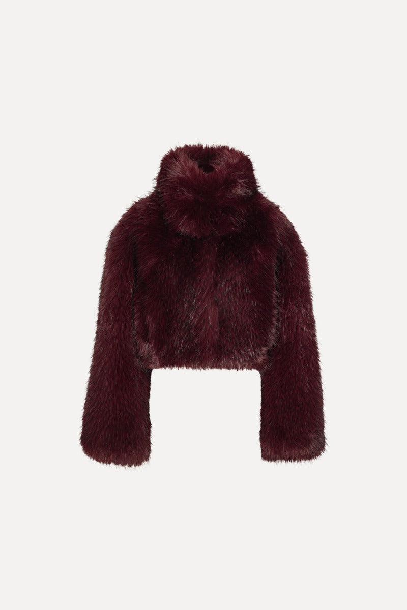 Faux fur crop chaqueta burdeos