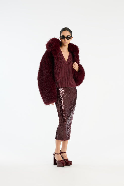 Faux fur crop chaqueta burdeos